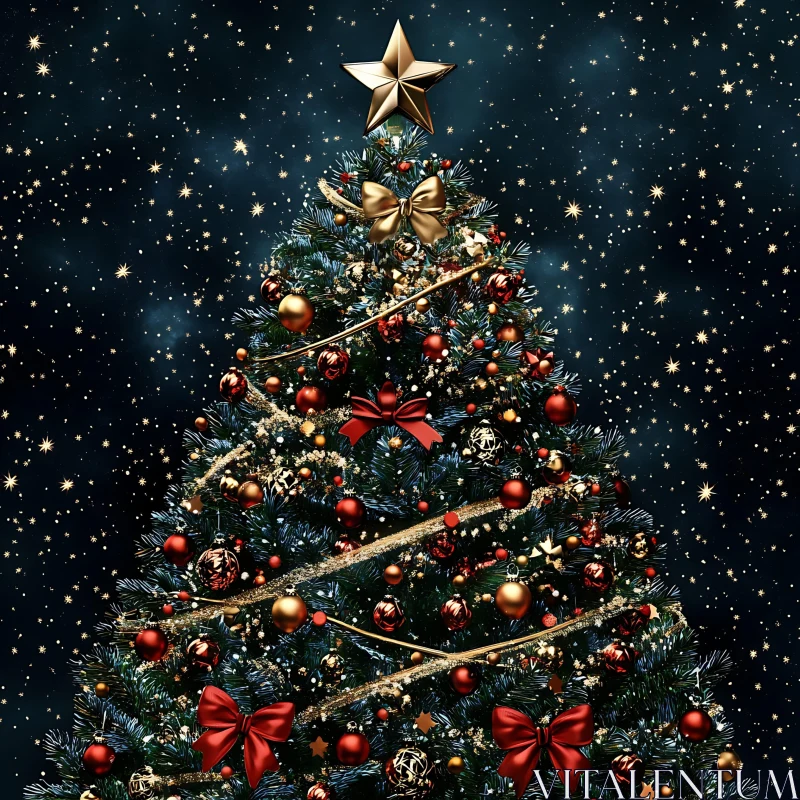 Stunning Christmas Tree with Red and Gold Ornaments AI Image