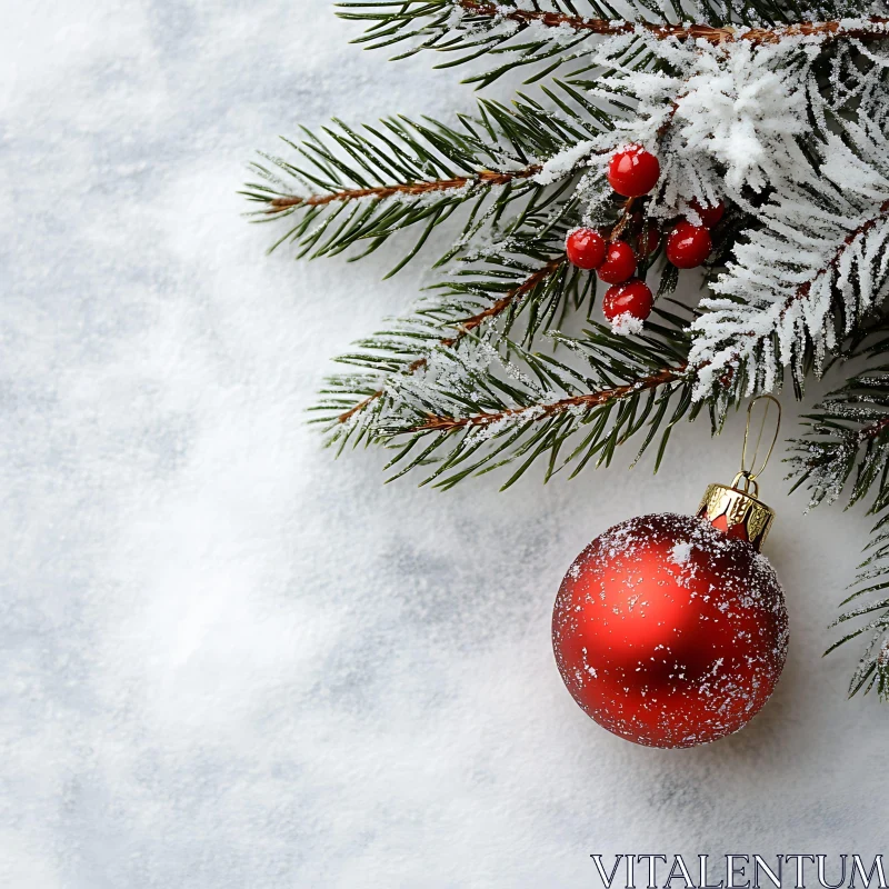 Red Holiday Ornament on Snowy Pine Branch AI Image