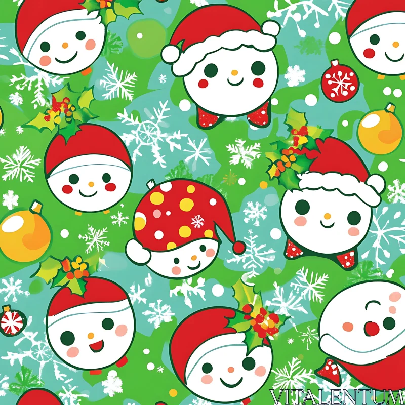 Festive Holiday Pattern with Cute Santa Faces AI Image