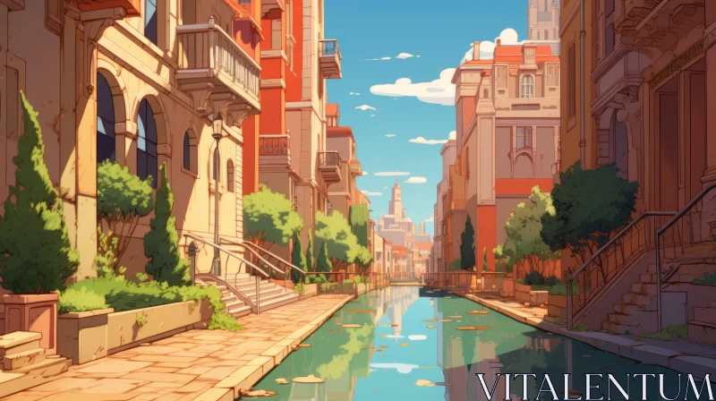 Anime City Canal in Warm Color Palette and Classic Academia Style AI Image