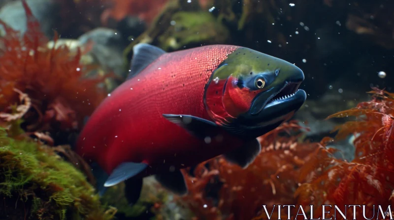 Captivating Image of a Red Salmon Swimming in a River AI Image