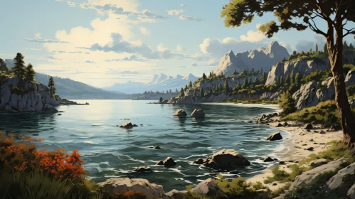 Classic Lithographic Landscape Art: Mountains and Ocean