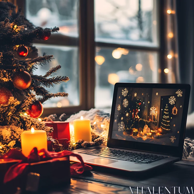 Festive Holiday Setting with Candlelight and Laptop AI Image