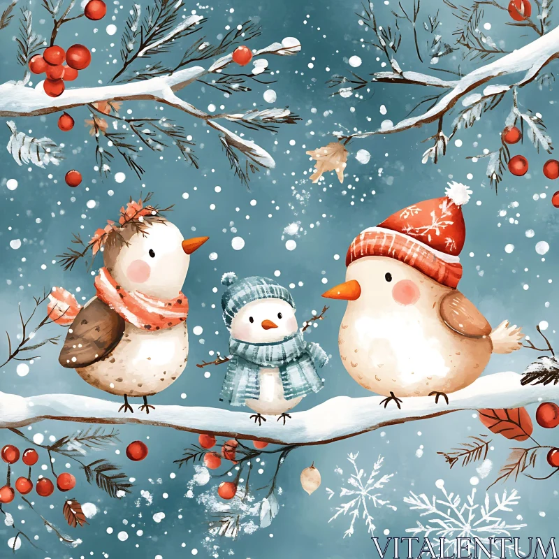 Adorable Winter Birds in Snowy Scene AI Image