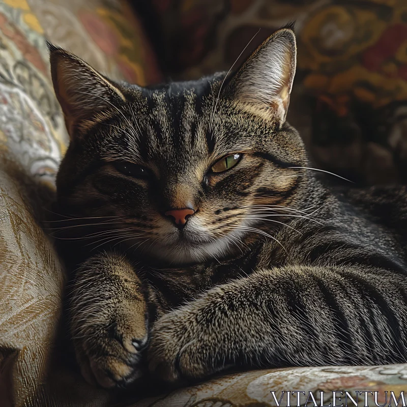 Tranquil Tabby Cat Resting on Decorative Pillow AI Image