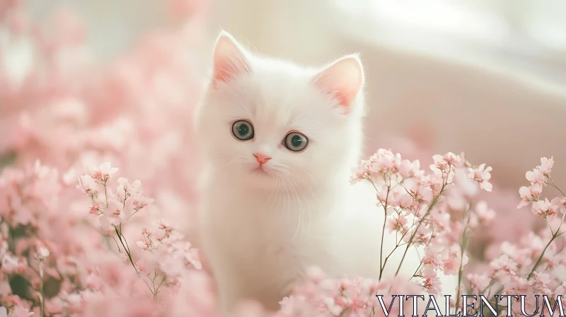 Adorable White Kitten with Pink Blossoms AI Image