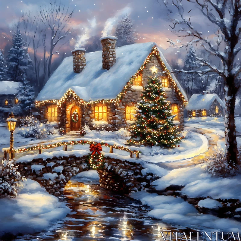 Festive Cabin with Christmas Decorations AI Image