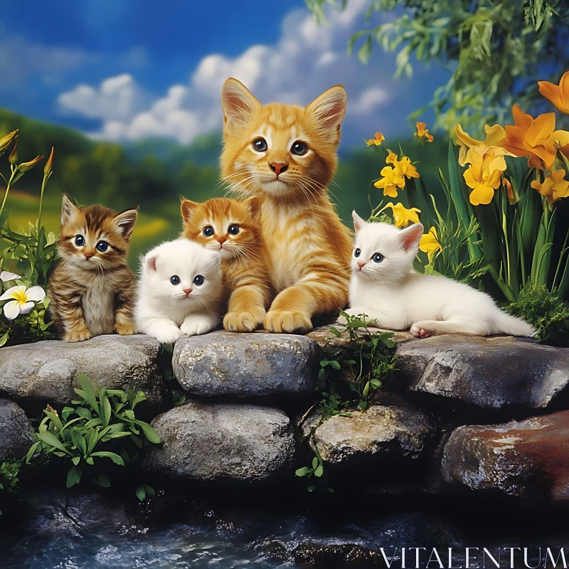 AI ART Cute Kittens with Mother Cat in Nature