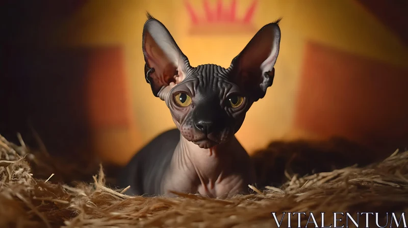 Sphynx Cat with Yellow Eyes Posing on Hay AI Image