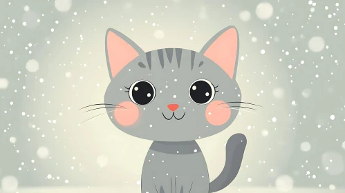 Cute Grey Cat amid Falling Snowflakes