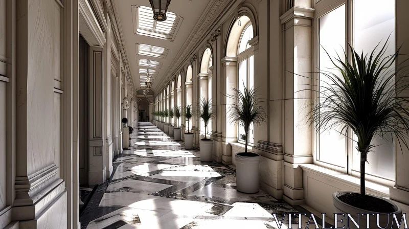 Elegant Hallway with Potted Plants and Marble Tiles AI Image