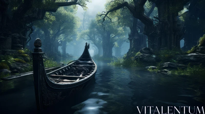 Enchanting Boat in a Mysterious Forest - Fine Art Print AI Image