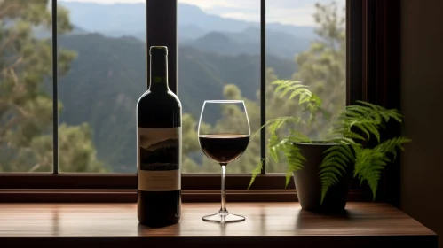 Exquisite Still Life Art: Wine, Bottle, and Window Sill with Mountains