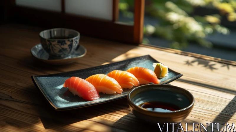 Exquisite Sushi on Wooden Table with Wasabi and Soy Sauce AI Image