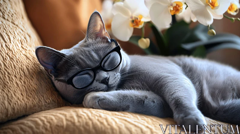 Cozy Gray Cat with Glasses Asleep Beside Orchids AI Image