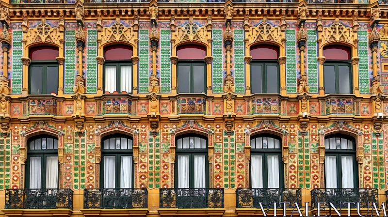 Historic Building Facade with Colorful Ceramic Tiles and Green Balcony AI Image