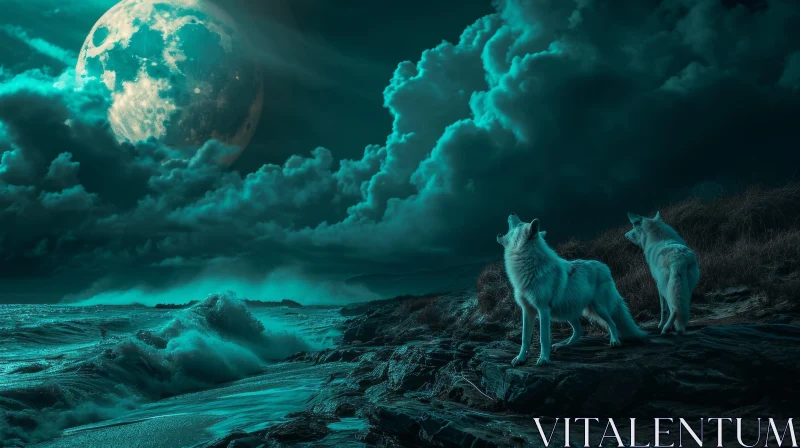 AI ART Night Scene with Full Moon and Wolves on Cliff