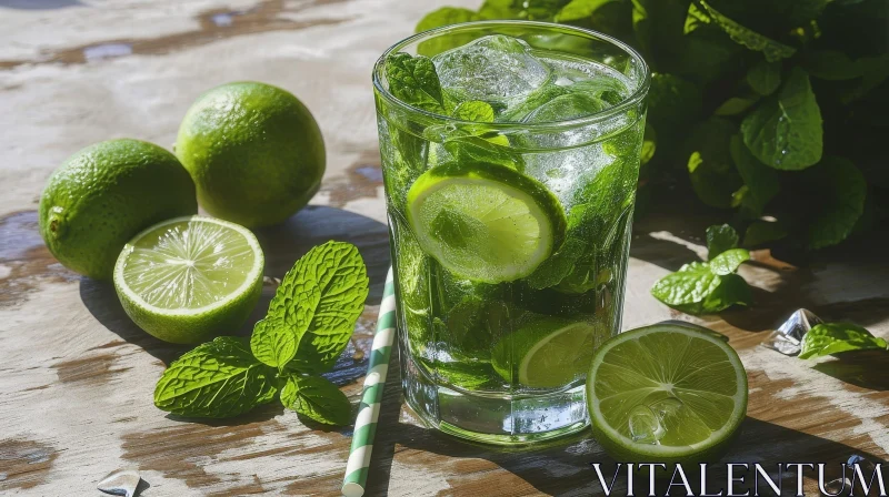 Refreshing Mojito on Wooden Table | Mint Leaves and Lime Wedges AI Image