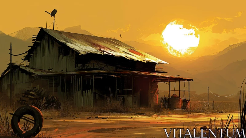 Serene Digital Painting of a Sunset Rural Scene with a Dilapidated Barn AI Image