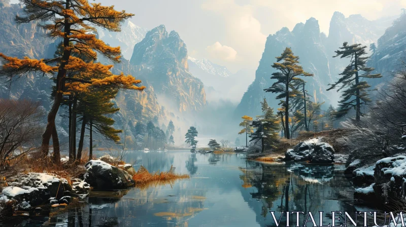 Serene Mountain Lake in Fall: A Captivating Natural Landscape AI Image
