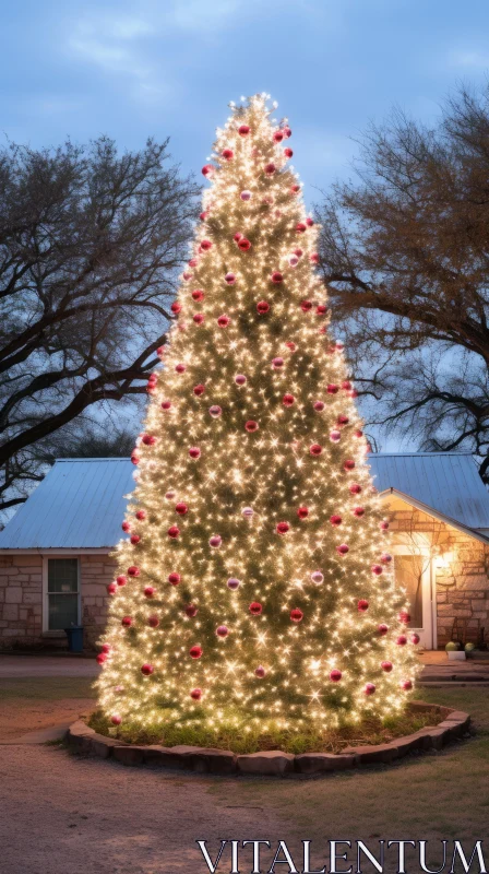 Spectacular Christmas Tree at Dusk - Forbes Farm House, Texas AI Image