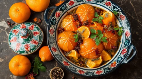Still Life Image of Ceramic Bowl with Oranges and Spices