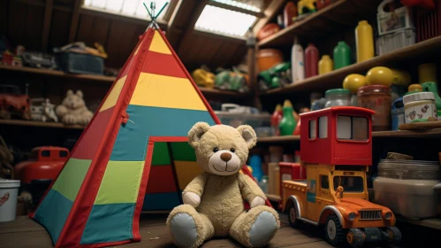 Toy Teddy Bear in Tent - A Nostalgic Playroom Scene