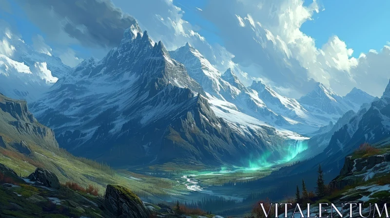 Tranquil Mountain Landscape with Snow-Capped Peaks and Serene Valley AI Image