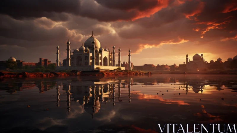 Unreal Sunset: Dark and Moody Landscape with Taj Mahal AI Image
