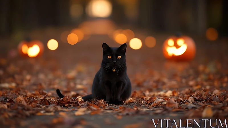 Halloween Scene with Black Cat and Autumn Leaves AI Image