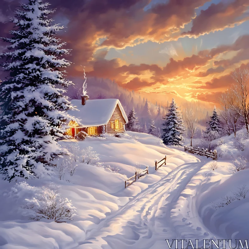 Winter Cabin in Glowing Sunset AI Image