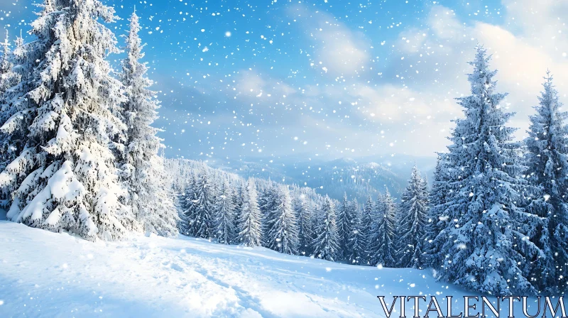 Snowy Winter Landscape in Pine Forest