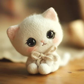Cute White Plush Kitten with Bow