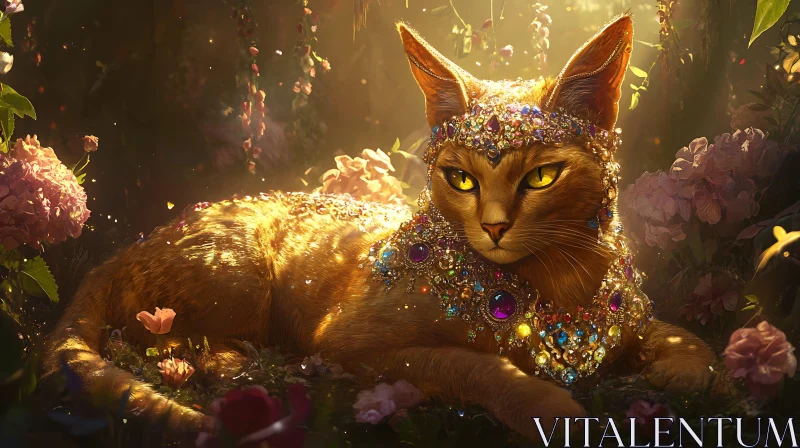 Majestic Orange Cat in a Fantasy Garden AI Image