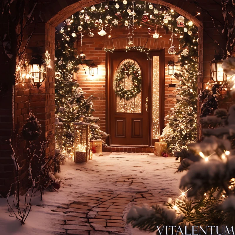 Festive Holiday Entrance with Christmas Lights and Snow