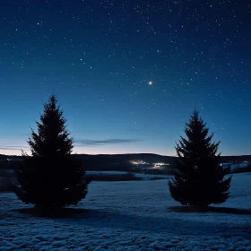 Serene Night with Pine Trees and Starlit Sky