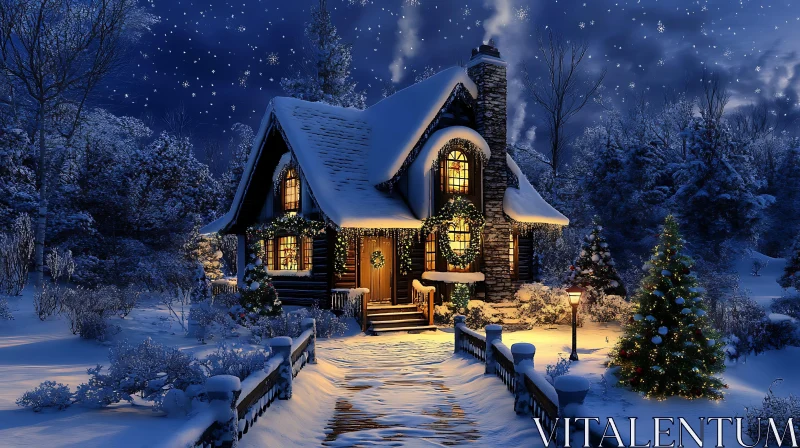 Charming Christmas Cabin Amidst a Snowy Night AI Image