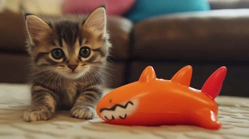 Cute Kitten and Vibrant Toy in Home Environment