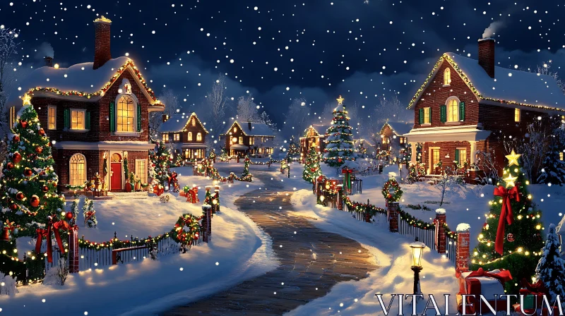 Picturesque Snowy Christmas Scene with Holiday Lights