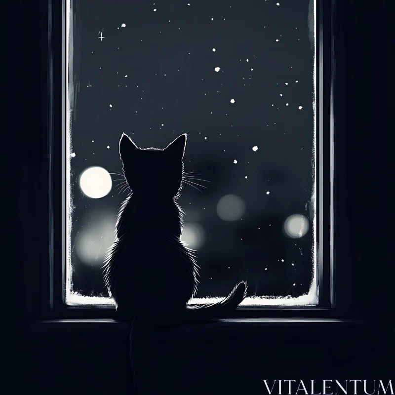 Feline Silhouette in Snowy Night