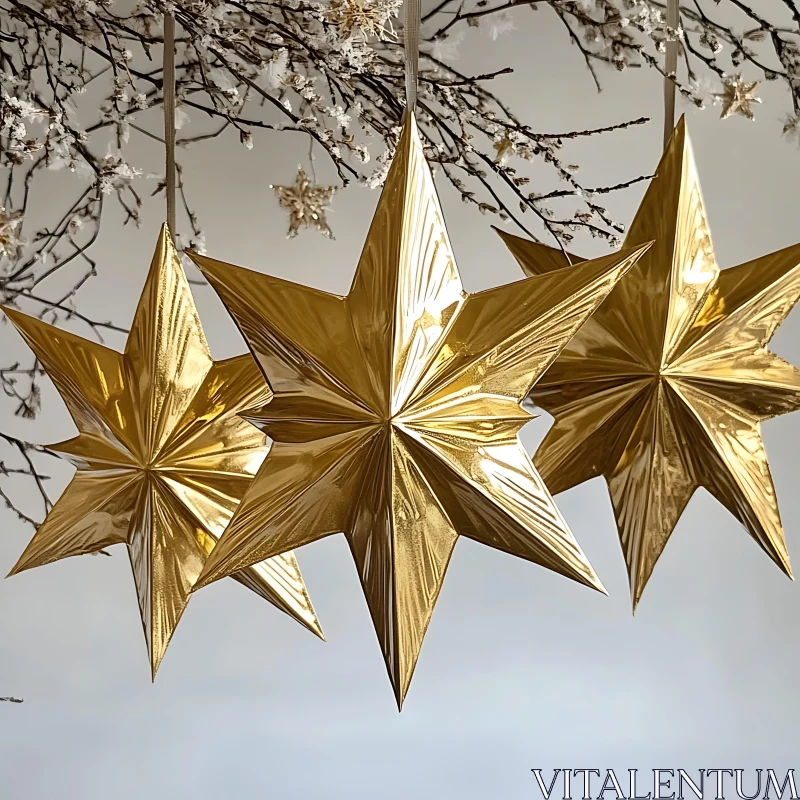 Metallic Gold Stars Hanging from Branches