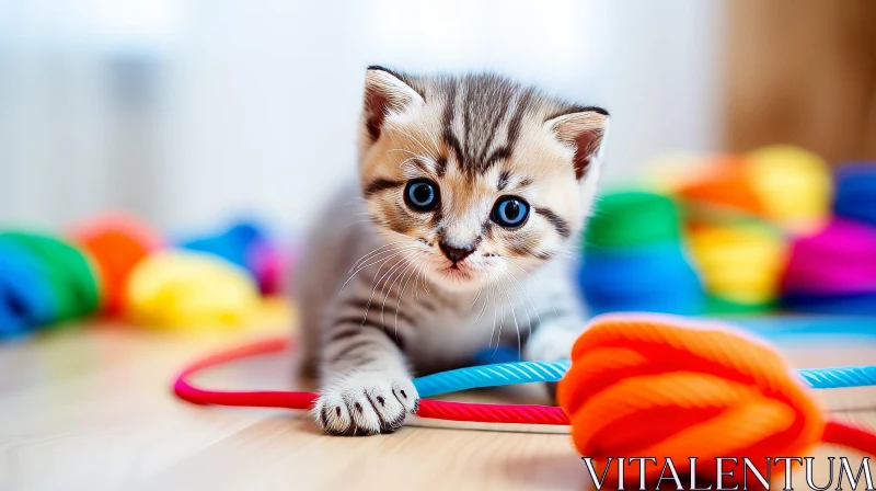 Adorable Tabby Kitten Playing with Colorful Toy AI Image