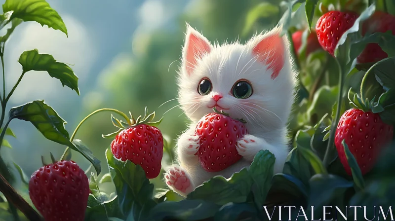 Cute Kitten Eating Strawberries Amidst Greenery