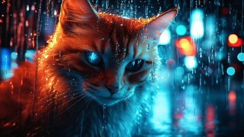 Glistening Feline Under Neon Lights