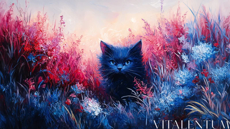 Mystical Black Cat in Summer Wildflowers