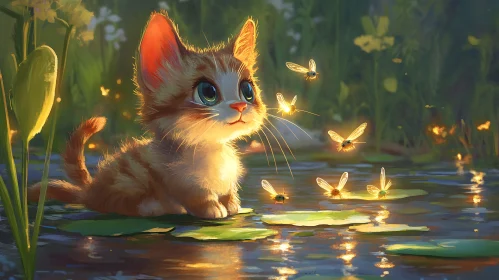 Kitten and Fireflies: An Enchanting Evening Scene