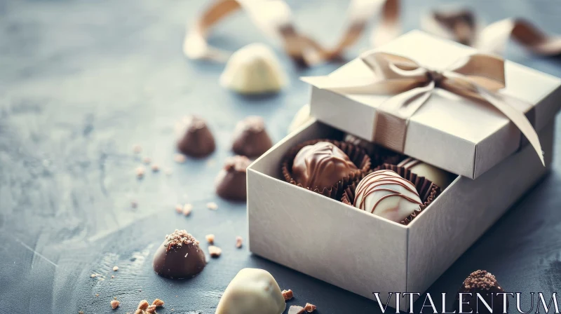 Close-up of a White Box of Chocolates with Gold Ribbon and Bow AI Image