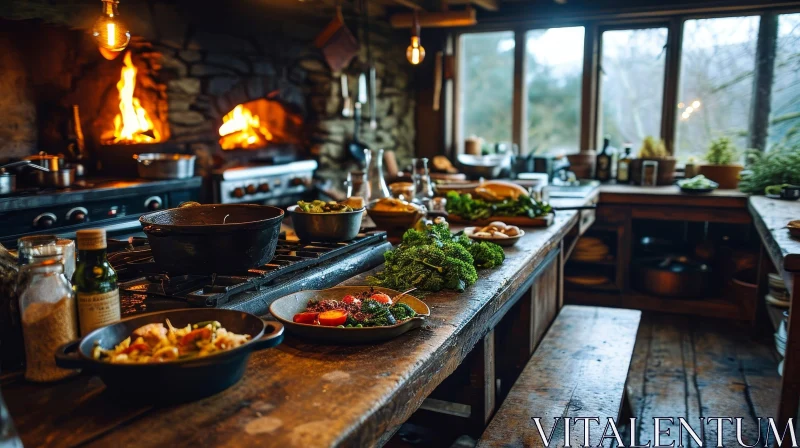 Cozy Rustic Kitchen with Wooden Table and Stone Fireplace AI Image