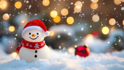 Smiling Snowman Amidst Christmas Lights and Falling Snow