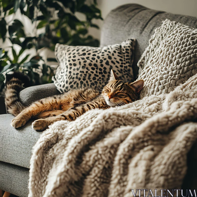 Tabby Cat Sleeping Comfortably on a Modern Sofa AI Image